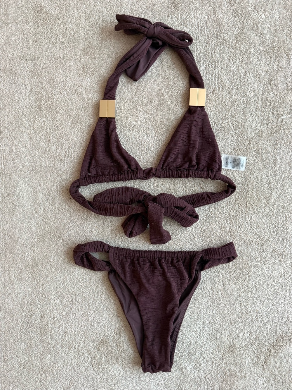 Brown Textured Halter Bikini with Gold Accents